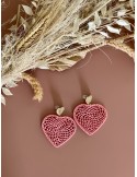 Boucles d'oreilles rose raphia coeur acier inoxydable