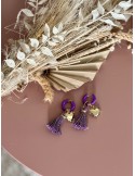 Boucles d'oreilles violettes pompon coeur acier inoxydable